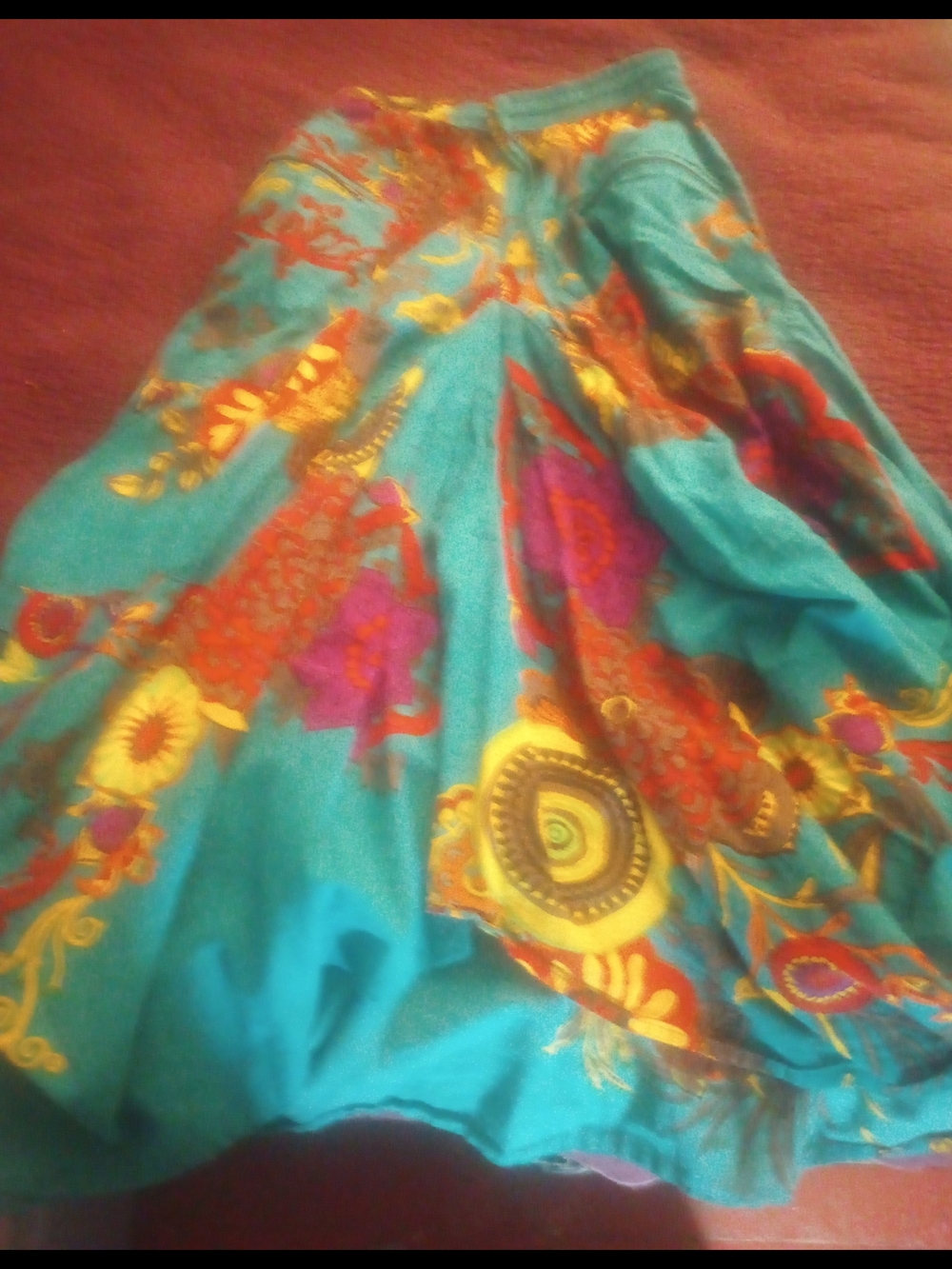 Turquoise Karma Circle Floral Embroidered A-Line Women's Skirt-Large